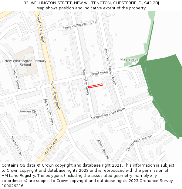 33, WELLINGTON STREET, NEW WHITTINGTON, CHESTERFIELD, S43 2BJ: Location map and indicative extent of plot