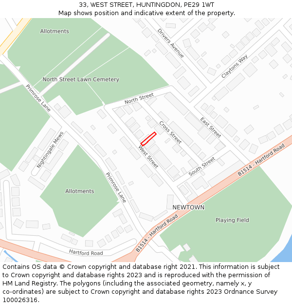 33, WEST STREET, HUNTINGDON, PE29 1WT: Location map and indicative extent of plot