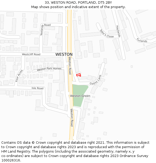 33, WESTON ROAD, PORTLAND, DT5 2BY: Location map and indicative extent of plot