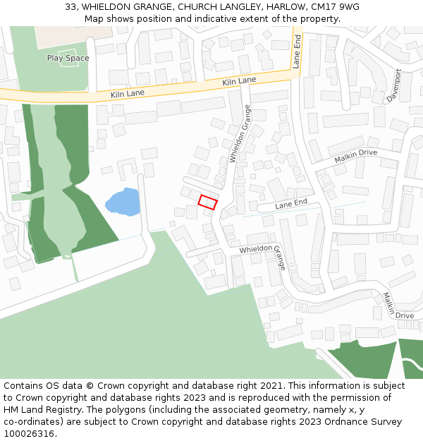 33, WHIELDON GRANGE, CHURCH LANGLEY, HARLOW, CM17 9WG: Location map and indicative extent of plot