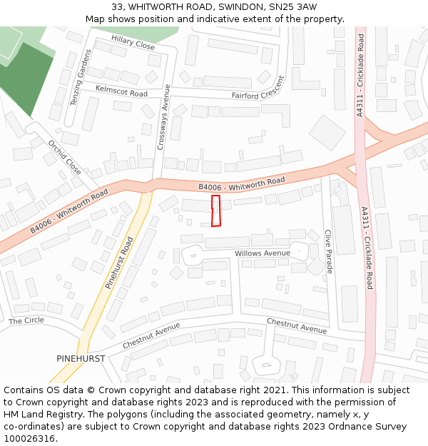 33, WHITWORTH ROAD, SWINDON, SN25 3AW: Location map and indicative extent of plot