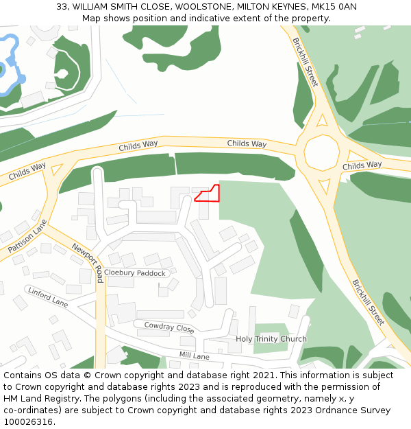 33, WILLIAM SMITH CLOSE, WOOLSTONE, MILTON KEYNES, MK15 0AN: Location map and indicative extent of plot