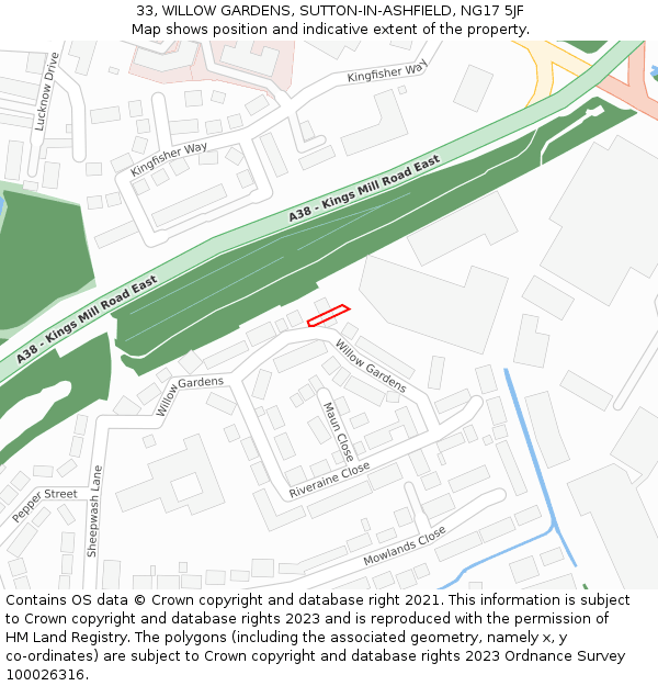 33, WILLOW GARDENS, SUTTON-IN-ASHFIELD, NG17 5JF: Location map and indicative extent of plot