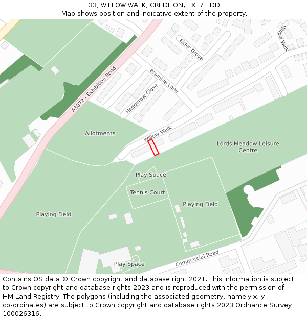 33, WILLOW WALK, CREDITON, EX17 1DD: Location map and indicative extent of plot