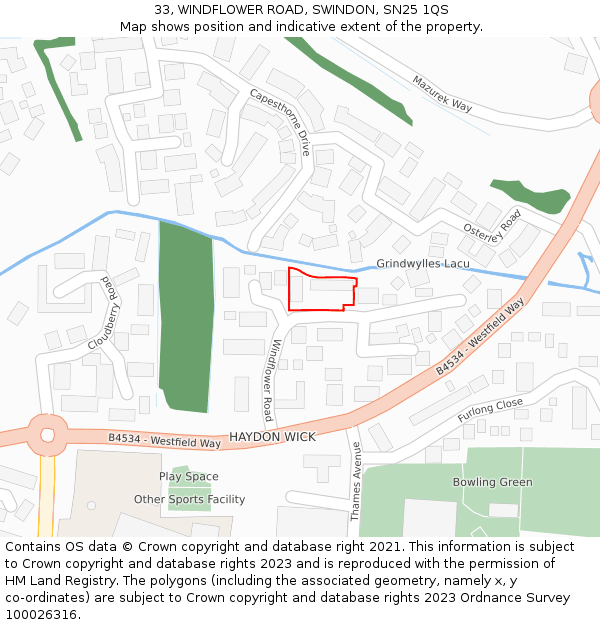 33, WINDFLOWER ROAD, SWINDON, SN25 1QS: Location map and indicative extent of plot