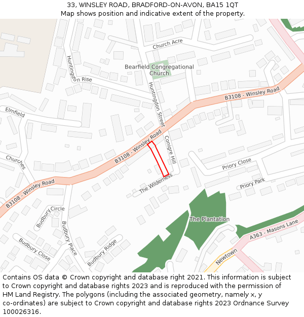 33, WINSLEY ROAD, BRADFORD-ON-AVON, BA15 1QT: Location map and indicative extent of plot