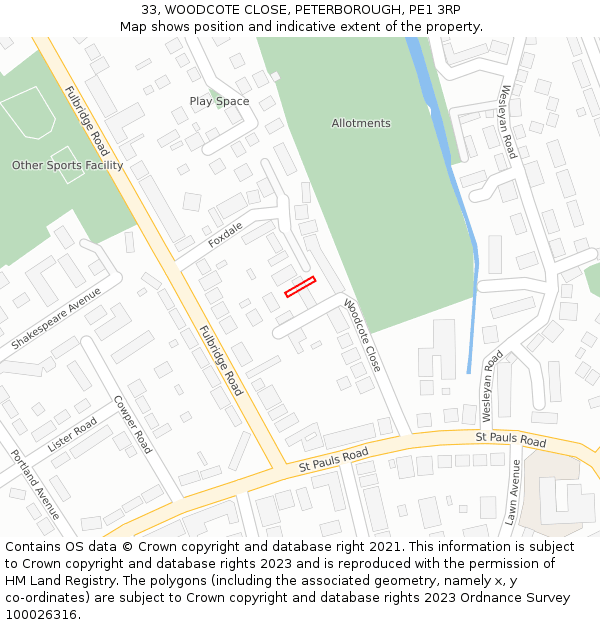 33, WOODCOTE CLOSE, PETERBOROUGH, PE1 3RP: Location map and indicative extent of plot