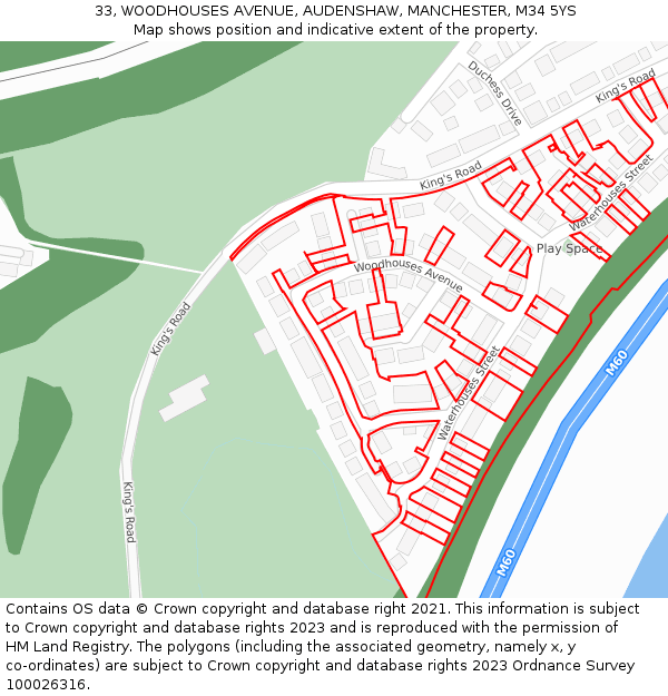 33, WOODHOUSES AVENUE, AUDENSHAW, MANCHESTER, M34 5YS: Location map and indicative extent of plot