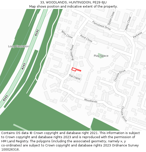 33, WOODLANDS, HUNTINGDON, PE29 6JU: Location map and indicative extent of plot