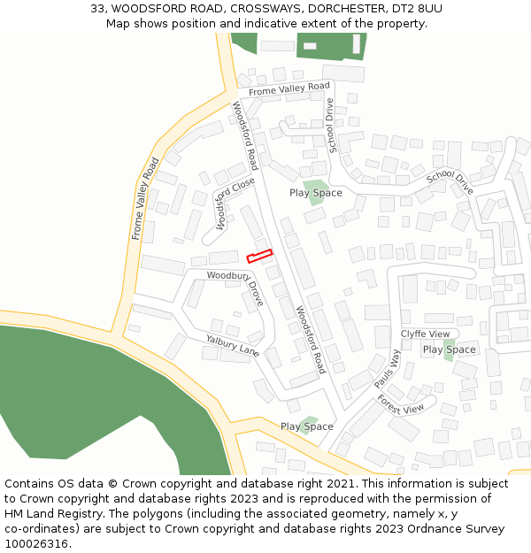 33, WOODSFORD ROAD, CROSSWAYS, DORCHESTER, DT2 8UU: Location map and indicative extent of plot