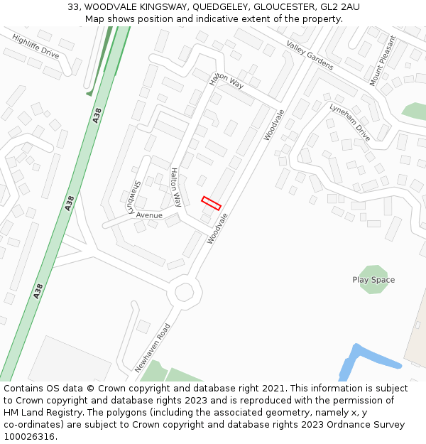33, WOODVALE KINGSWAY, QUEDGELEY, GLOUCESTER, GL2 2AU: Location map and indicative extent of plot