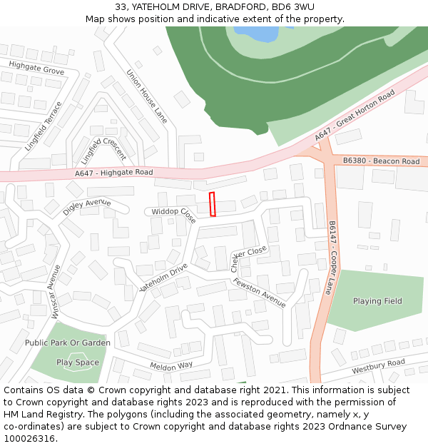 33, YATEHOLM DRIVE, BRADFORD, BD6 3WU: Location map and indicative extent of plot