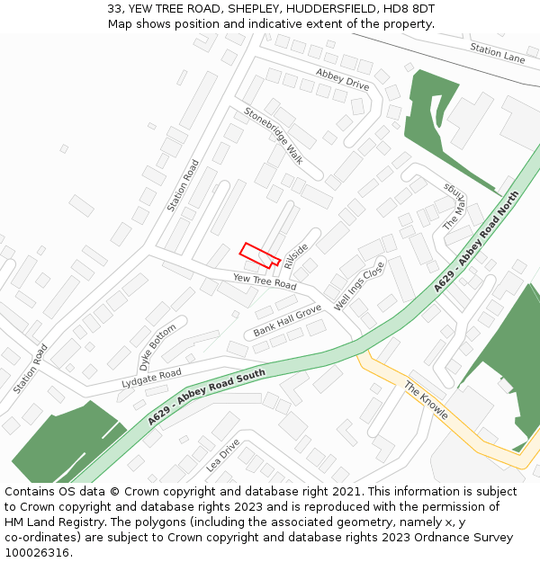 33, YEW TREE ROAD, SHEPLEY, HUDDERSFIELD, HD8 8DT: Location map and indicative extent of plot