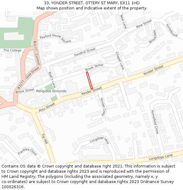 33, YONDER STREET, OTTERY ST MARY, EX11 1HD: Location map and indicative extent of plot