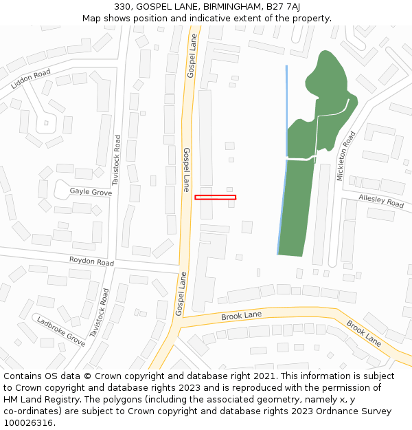 330, GOSPEL LANE, BIRMINGHAM, B27 7AJ: Location map and indicative extent of plot
