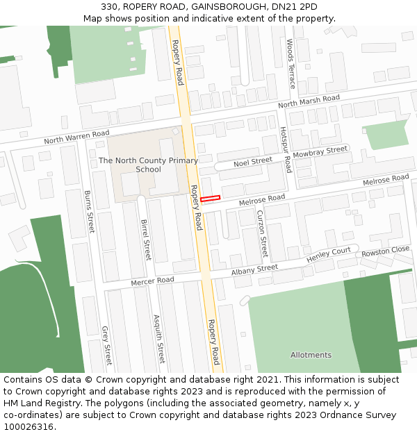 330, ROPERY ROAD, GAINSBOROUGH, DN21 2PD: Location map and indicative extent of plot