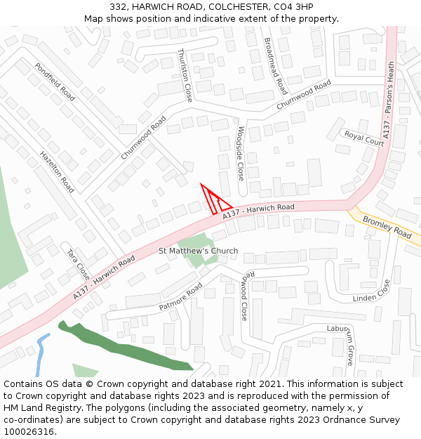 332, HARWICH ROAD, COLCHESTER, CO4 3HP: Location map and indicative extent of plot