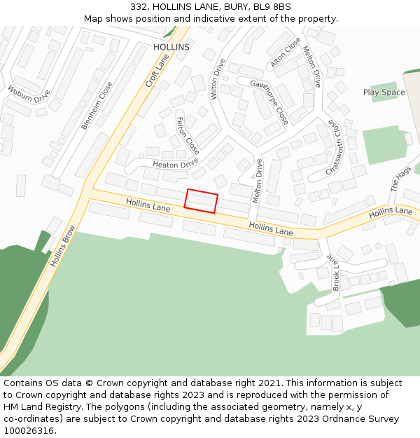 332, HOLLINS LANE, BURY, BL9 8BS: Location map and indicative extent of plot