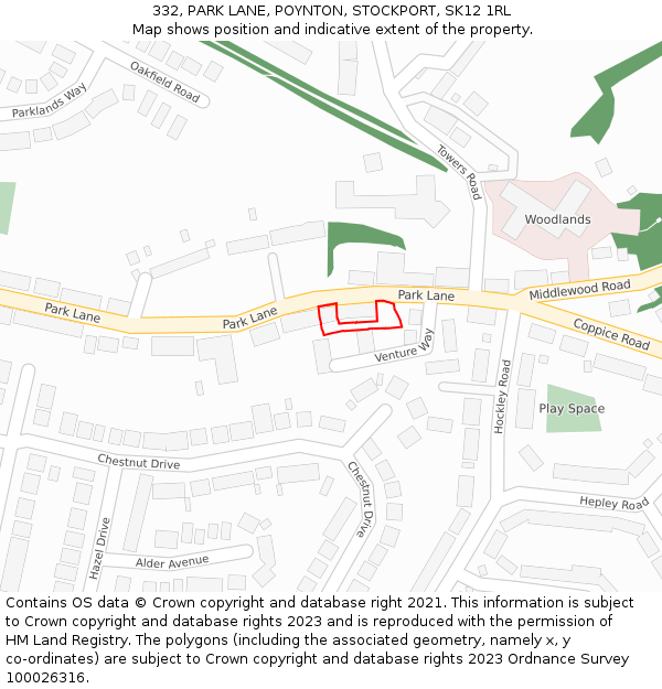 332, PARK LANE, POYNTON, STOCKPORT, SK12 1RL: Location map and indicative extent of plot