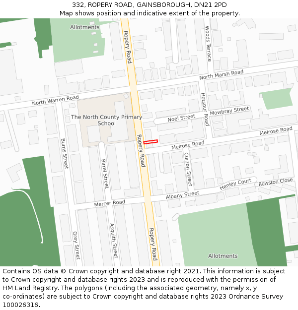332, ROPERY ROAD, GAINSBOROUGH, DN21 2PD: Location map and indicative extent of plot