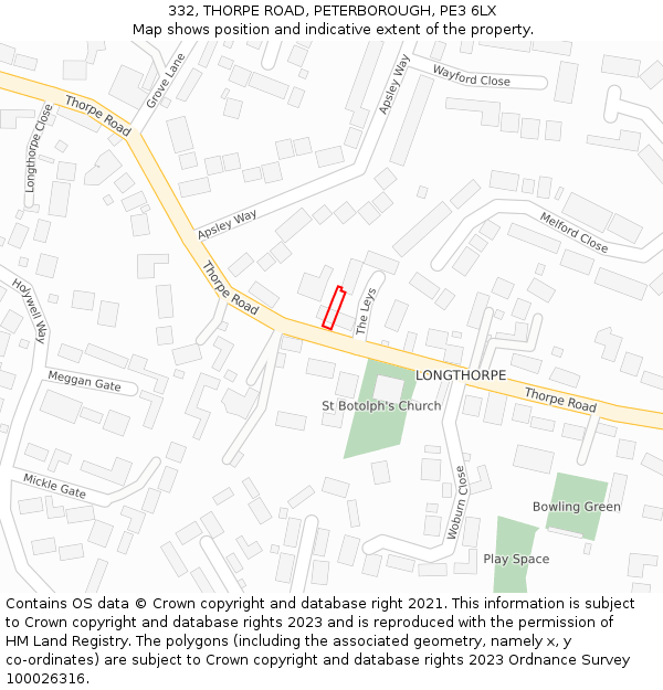 332, THORPE ROAD, PETERBOROUGH, PE3 6LX: Location map and indicative extent of plot