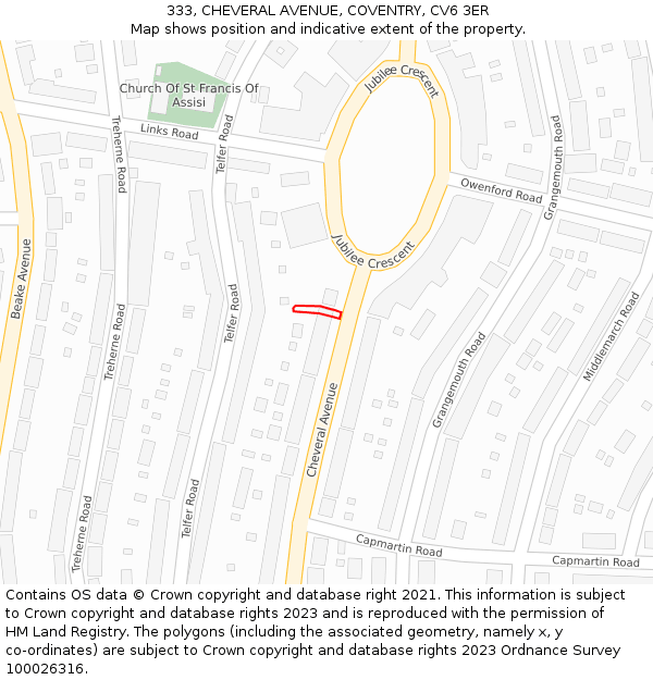 333, CHEVERAL AVENUE, COVENTRY, CV6 3ER: Location map and indicative extent of plot