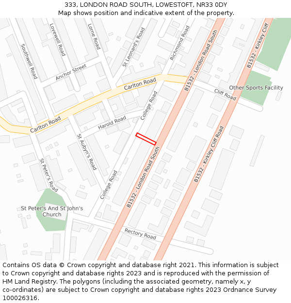 333, LONDON ROAD SOUTH, LOWESTOFT, NR33 0DY: Location map and indicative extent of plot