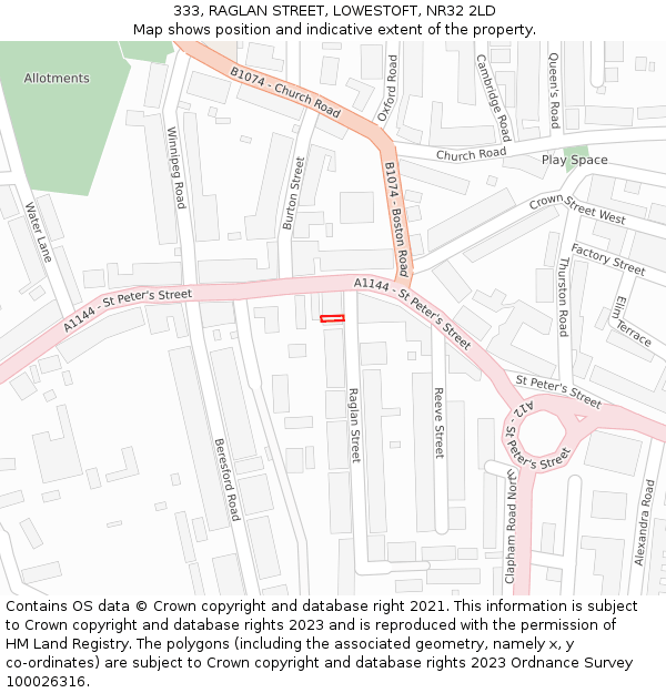 333, RAGLAN STREET, LOWESTOFT, NR32 2LD: Location map and indicative extent of plot