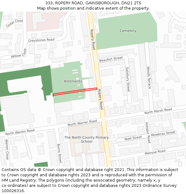 333, ROPERY ROAD, GAINSBOROUGH, DN21 2TS: Location map and indicative extent of plot