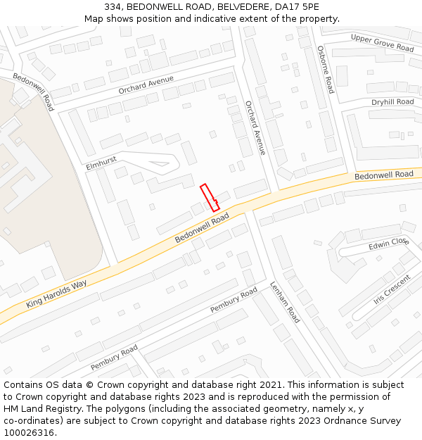 334, BEDONWELL ROAD, BELVEDERE, DA17 5PE: Location map and indicative extent of plot