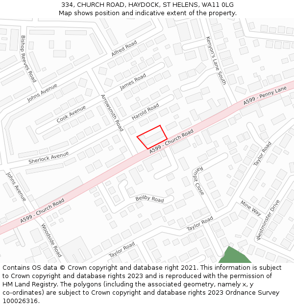 334, CHURCH ROAD, HAYDOCK, ST HELENS, WA11 0LG: Location map and indicative extent of plot