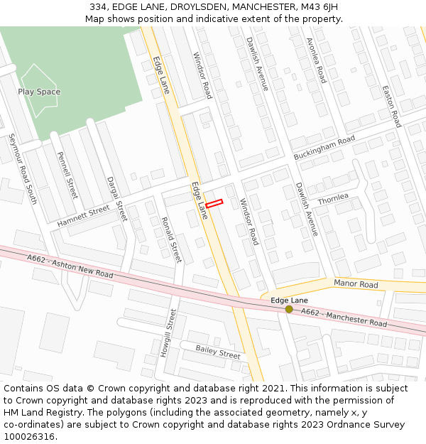 334, EDGE LANE, DROYLSDEN, MANCHESTER, M43 6JH: Location map and indicative extent of plot