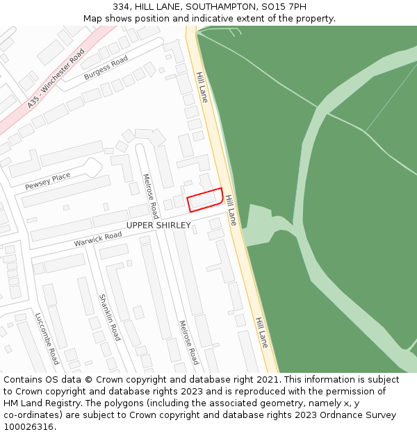 334, HILL LANE, SOUTHAMPTON, SO15 7PH: Location map and indicative extent of plot