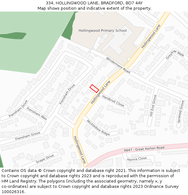 334, HOLLINGWOOD LANE, BRADFORD, BD7 4AY: Location map and indicative extent of plot