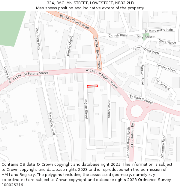 334, RAGLAN STREET, LOWESTOFT, NR32 2LB: Location map and indicative extent of plot
