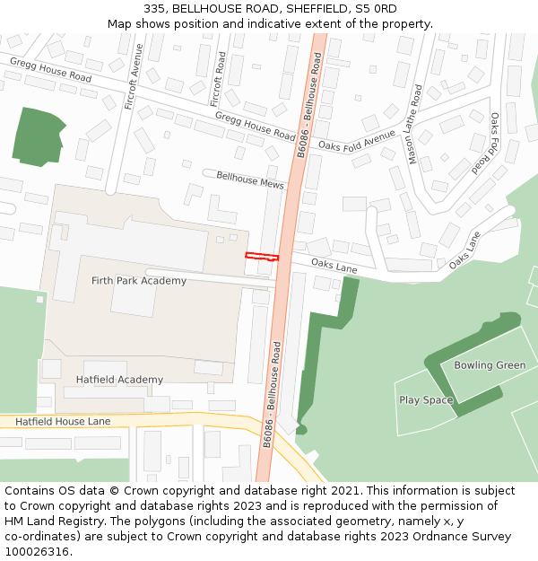 335, BELLHOUSE ROAD, SHEFFIELD, S5 0RD: Location map and indicative extent of plot
