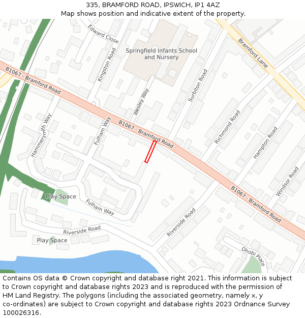 335, BRAMFORD ROAD, IPSWICH, IP1 4AZ: Location map and indicative extent of plot