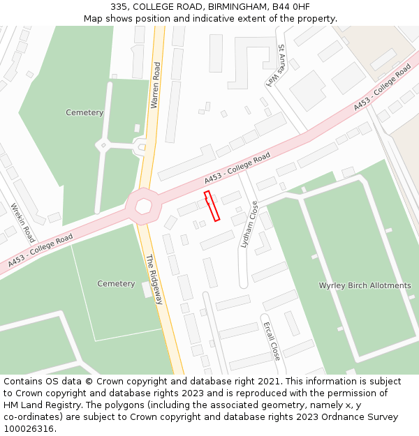 335, COLLEGE ROAD, BIRMINGHAM, B44 0HF: Location map and indicative extent of plot