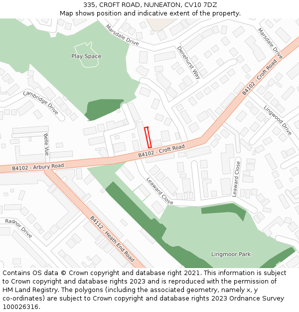335, CROFT ROAD, NUNEATON, CV10 7DZ: Location map and indicative extent of plot