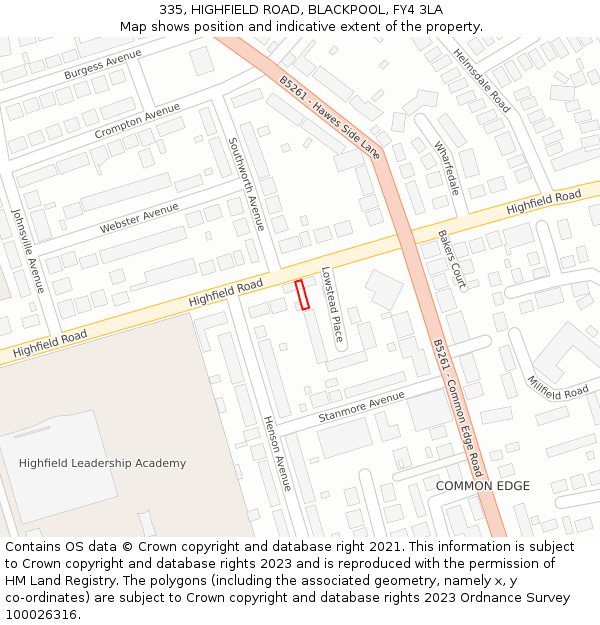 335, HIGHFIELD ROAD, BLACKPOOL, FY4 3LA: Location map and indicative extent of plot