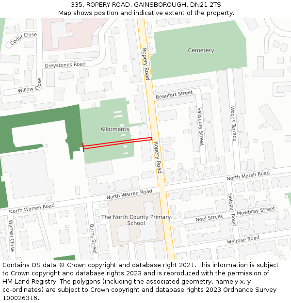 335, ROPERY ROAD, GAINSBOROUGH, DN21 2TS: Location map and indicative extent of plot