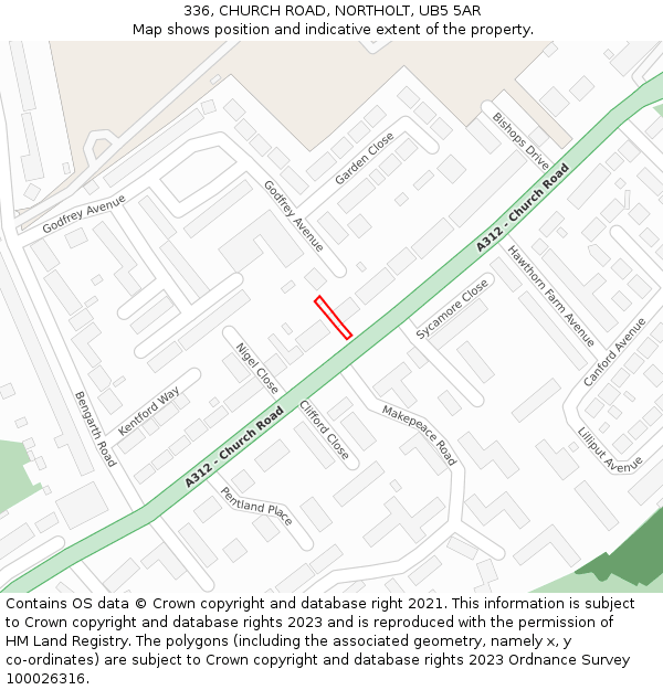 336, CHURCH ROAD, NORTHOLT, UB5 5AR: Location map and indicative extent of plot