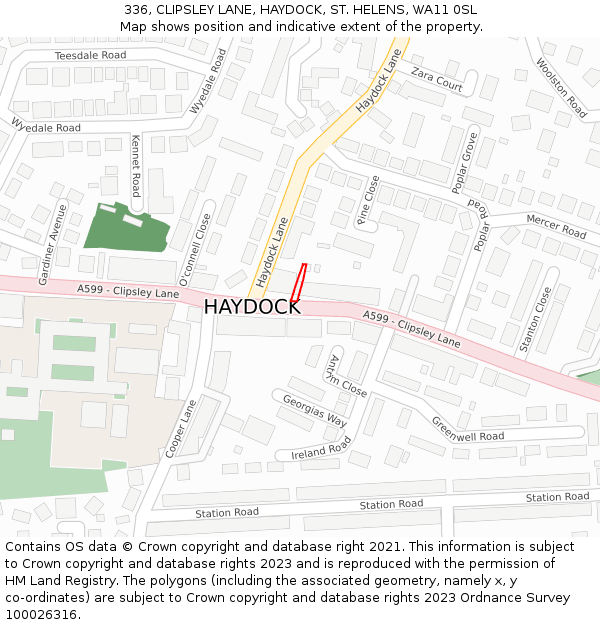 336, CLIPSLEY LANE, HAYDOCK, ST. HELENS, WA11 0SL: Location map and indicative extent of plot