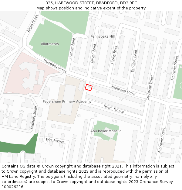336, HAREWOOD STREET, BRADFORD, BD3 9EG: Location map and indicative extent of plot