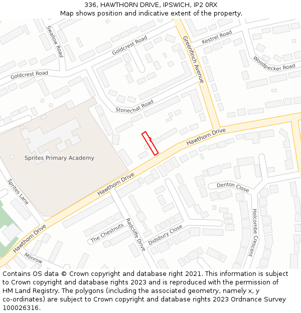 336, HAWTHORN DRIVE, IPSWICH, IP2 0RX: Location map and indicative extent of plot
