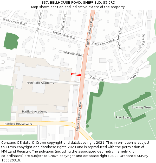 337, BELLHOUSE ROAD, SHEFFIELD, S5 0RD: Location map and indicative extent of plot