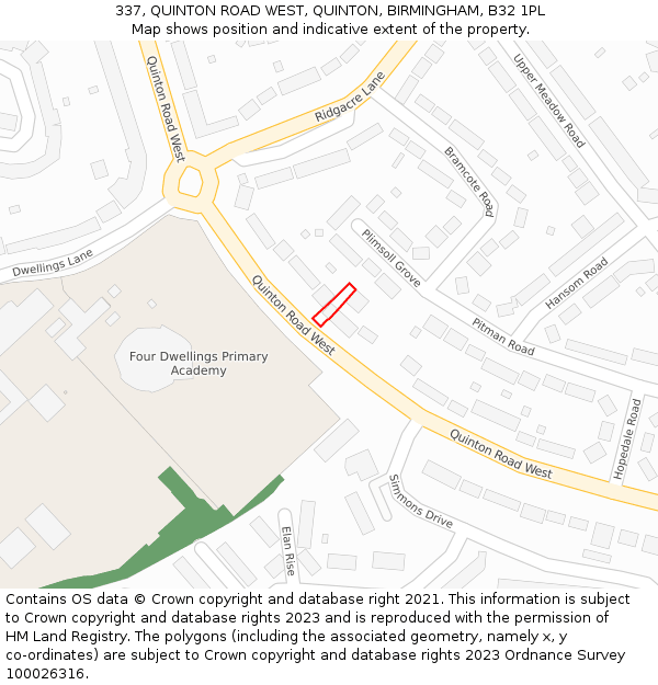 337, QUINTON ROAD WEST, QUINTON, BIRMINGHAM, B32 1PL: Location map and indicative extent of plot