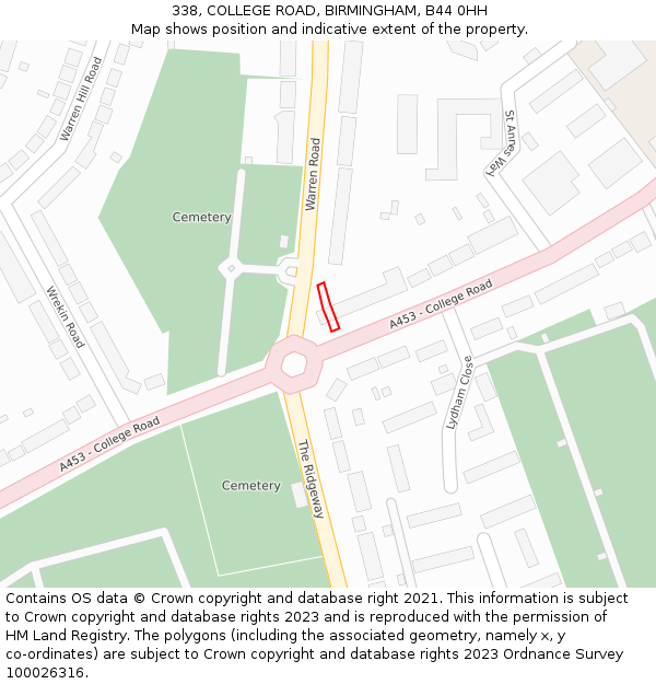 338, COLLEGE ROAD, BIRMINGHAM, B44 0HH: Location map and indicative extent of plot