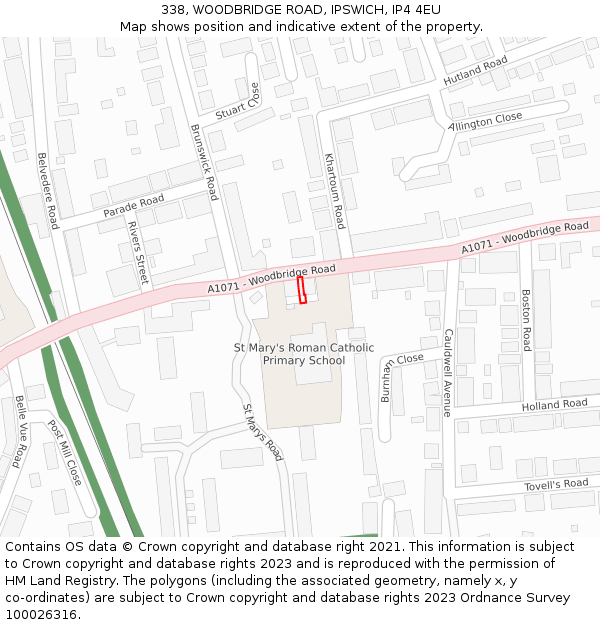 338, WOODBRIDGE ROAD, IPSWICH, IP4 4EU: Location map and indicative extent of plot