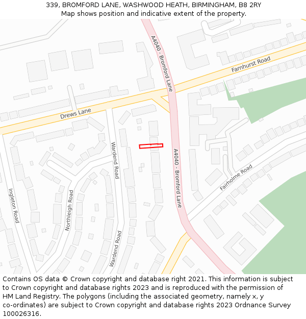 339, BROMFORD LANE, WASHWOOD HEATH, BIRMINGHAM, B8 2RY: Location map and indicative extent of plot